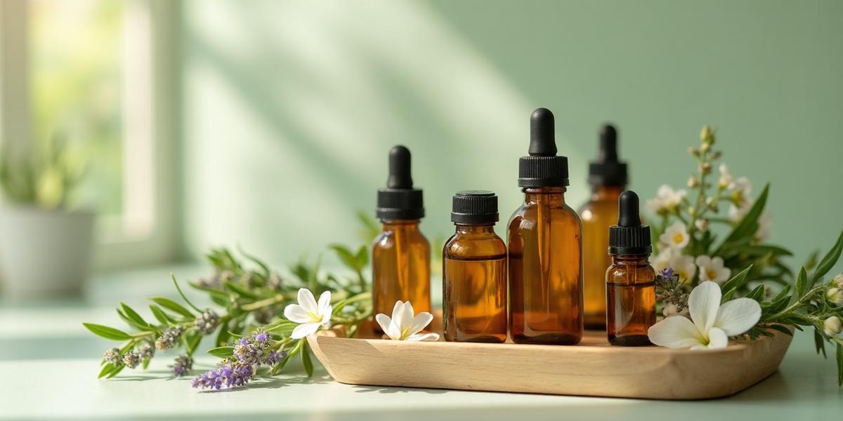 Homeopathic remedy bottles arranged with healing herbs